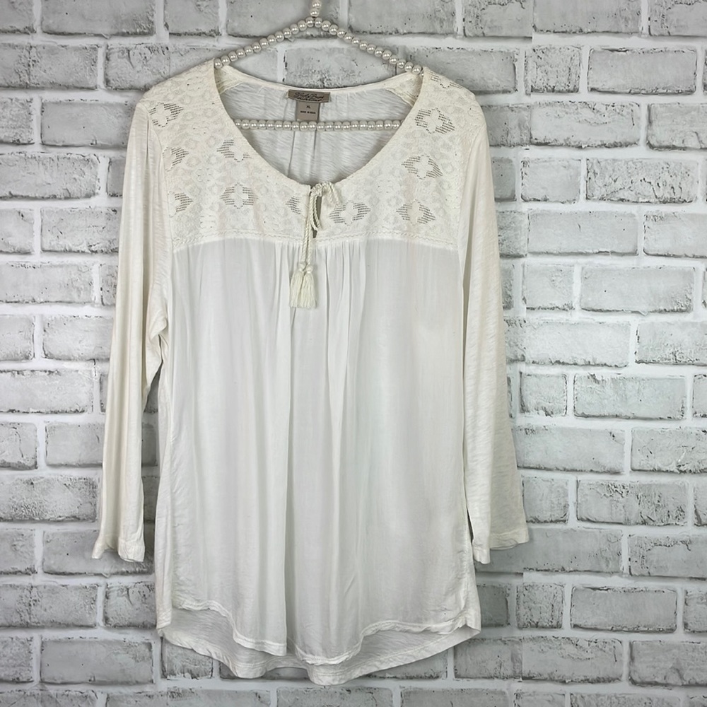 Lucky Brand 3/4 Sleeve Lightweight Top Size XL Tassel Tie Lace Detail